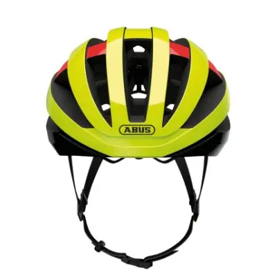 Vista frontal del casco de ciclismo ABUS Viantor en color amarillo flúor y negro mostrando los canales de aire frontales