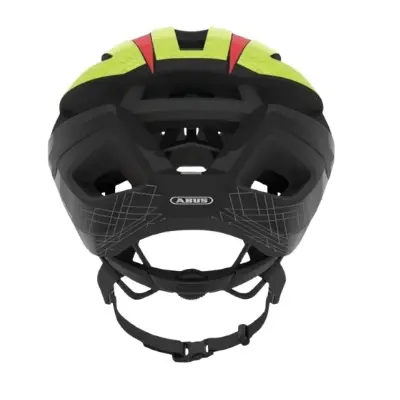 Vista trasera del casco ABUS Viantor en color negro y amarillo, mostrando el sistema de ajuste regulable Zoom Ace con espacio para coleta.
